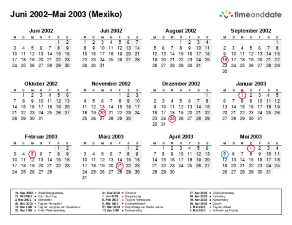 Kalender für 2002 in Mexiko