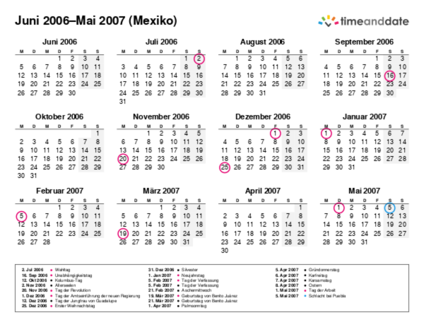 Kalender für 2006 in Mexiko