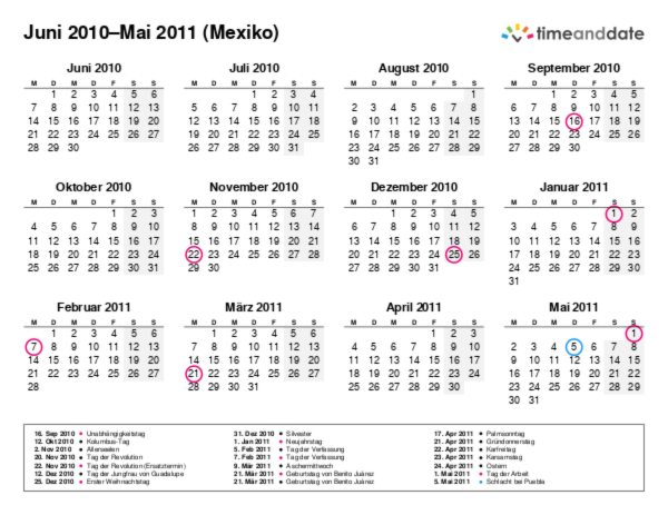 Kalender für 2010 in Mexiko