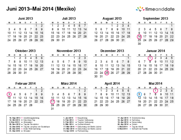 Kalender für 2013 in Mexiko