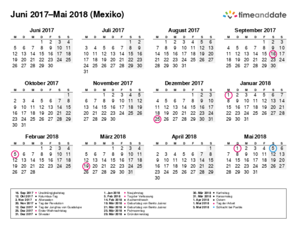 Kalender für 2017 in Mexiko