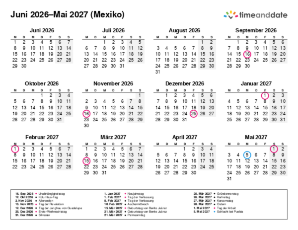 Kalender für 2026 in Mexiko