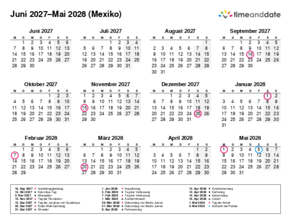 Kalender für 2027 in Mexiko