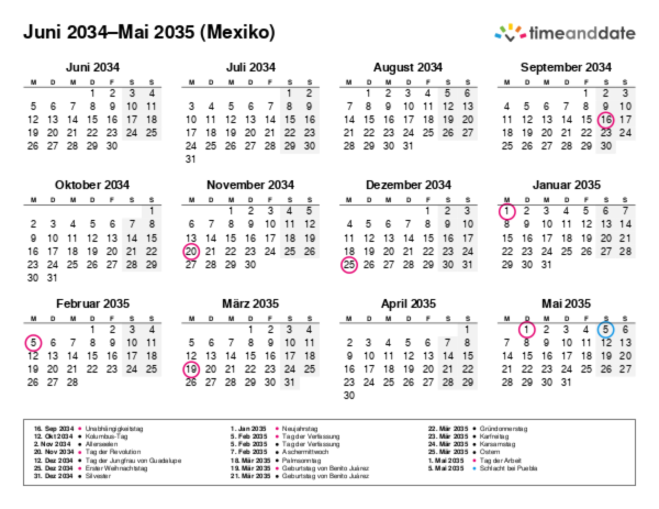 Kalender für 2034 in Mexiko