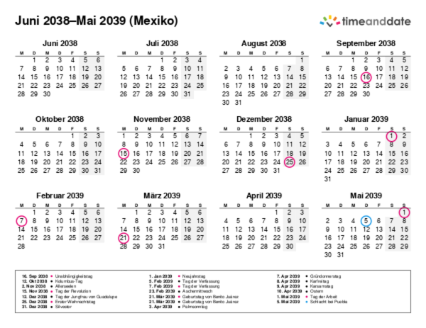 Kalender für 2038 in Mexiko