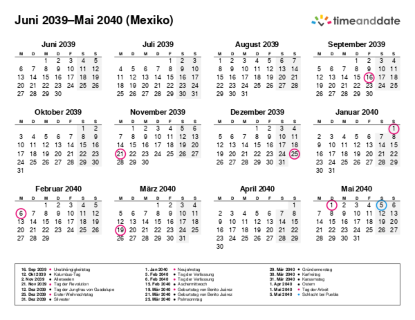 Kalender für 2039 in Mexiko