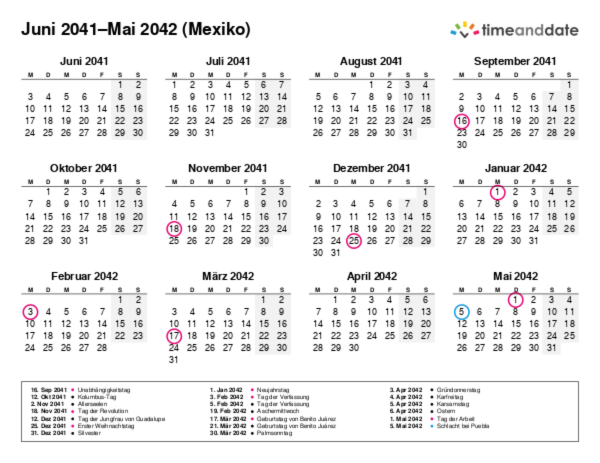 Kalender für 2041 in Mexiko
