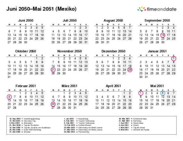 Kalender für 2050 in Mexiko