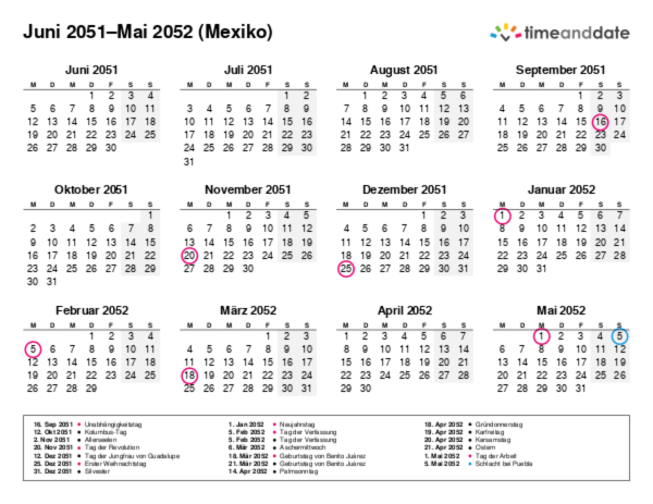 Kalender für 2051 in Mexiko