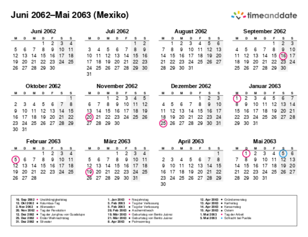 Kalender für 2062 in Mexiko