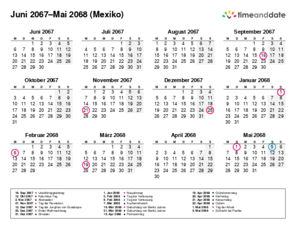 Kalender für 2067 in Mexiko