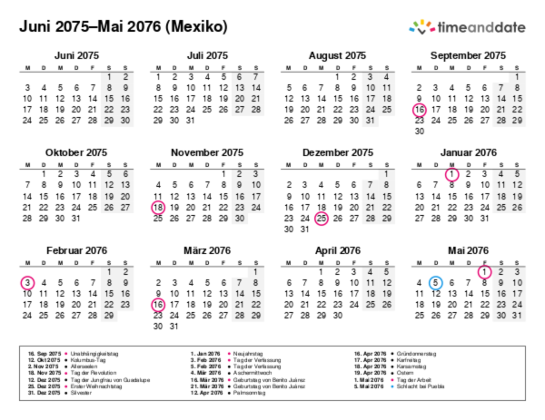 Kalender für 2075 in Mexiko