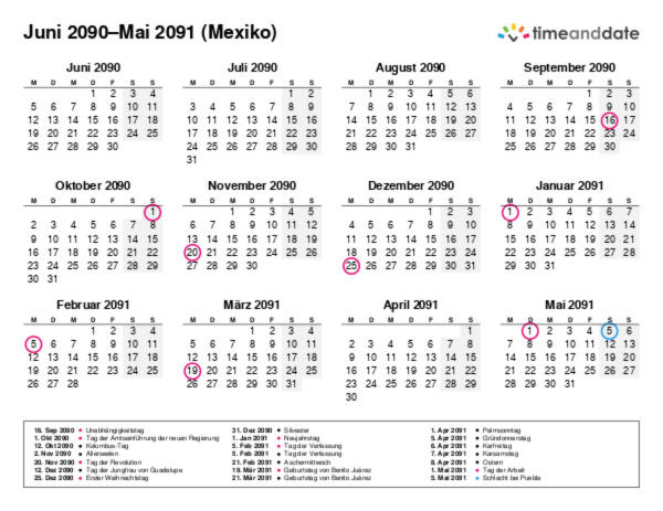 Kalender für 2090 in Mexiko