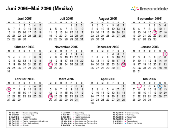 Kalender für 2095 in Mexiko