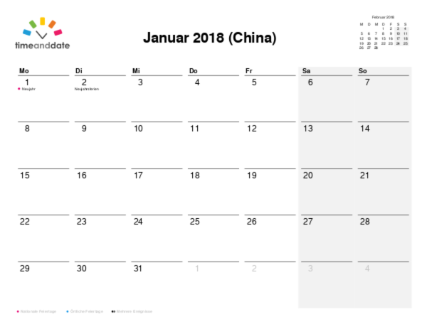 Kalender für 2018 in China