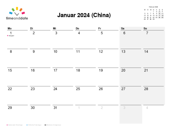Kalender für 2024 in China