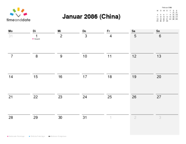 Kalender für 2086 in China