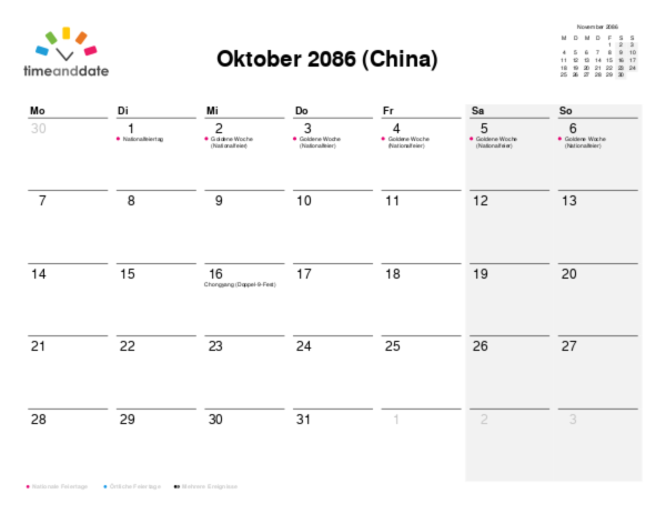 Kalender für 2086 in China