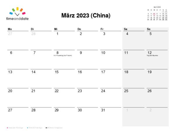 Kalender für 2023 in China