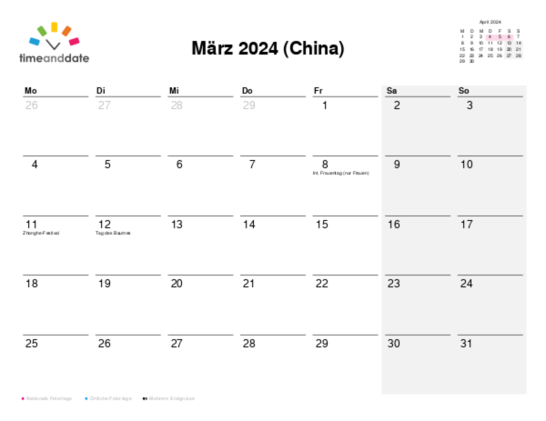 Kalender für 2024 in China