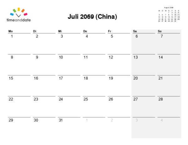 Kalender für 2069 in China