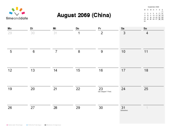 Kalender für 2069 in China