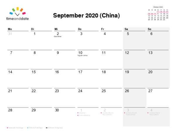 Kalender für 2020 in China