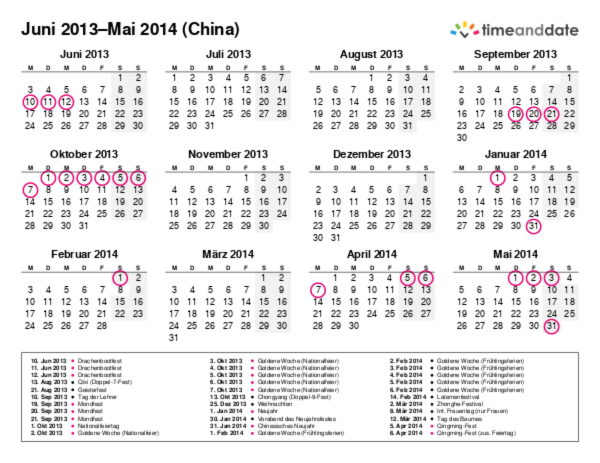 Kalender für 2013 in China