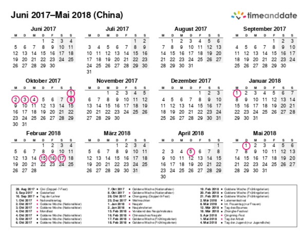 Kalender für 2017 in China