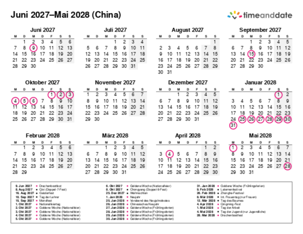 Kalender für 2027 in China