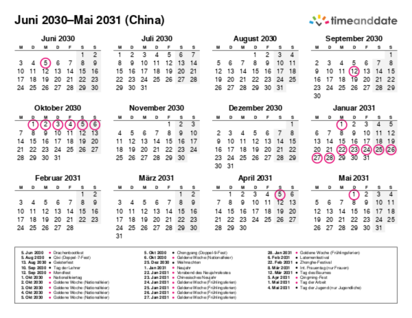 Kalender für 2030 in China