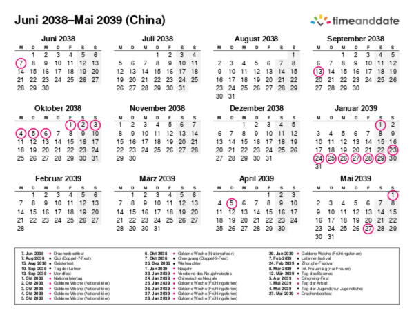 Kalender für 2038 in China