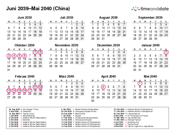 Kalender für 2039 in China