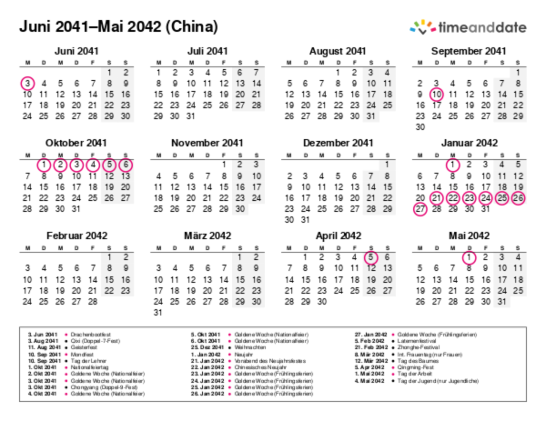 Kalender für 2041 in China