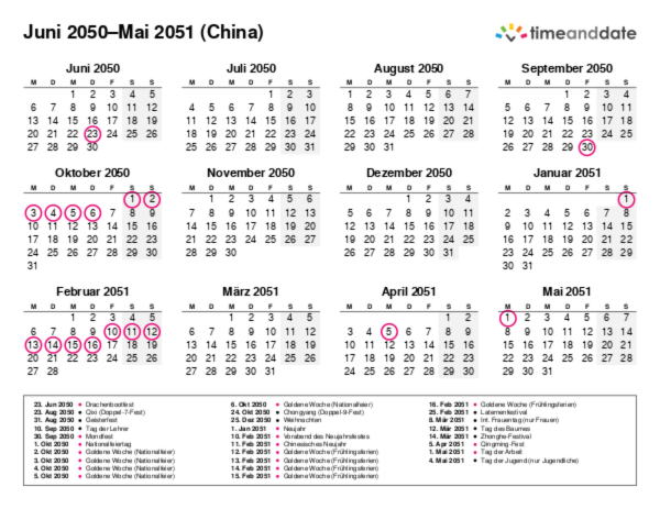 Kalender für 2050 in China