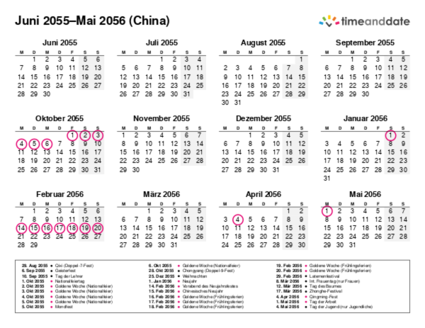 Kalender für 2055 in China
