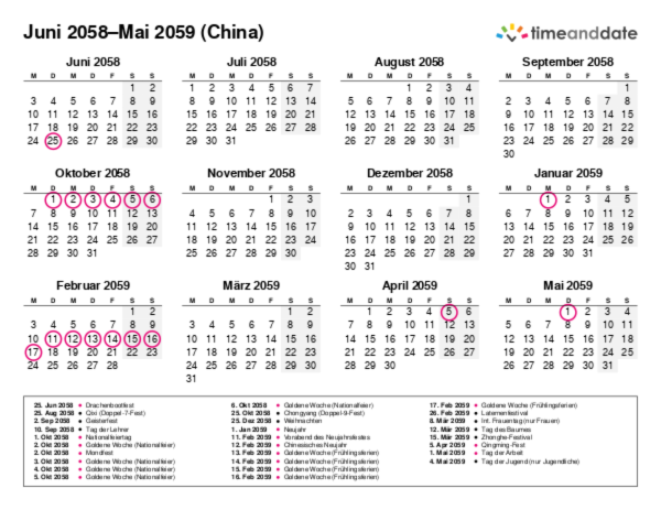 Kalender für 2058 in China