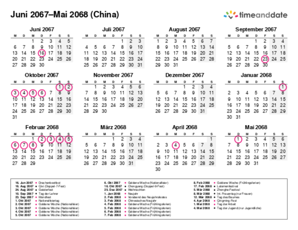 Kalender für 2067 in China