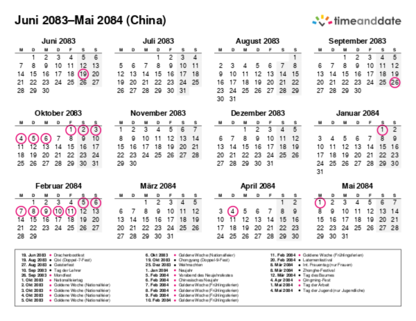 Kalender für 2083 in China