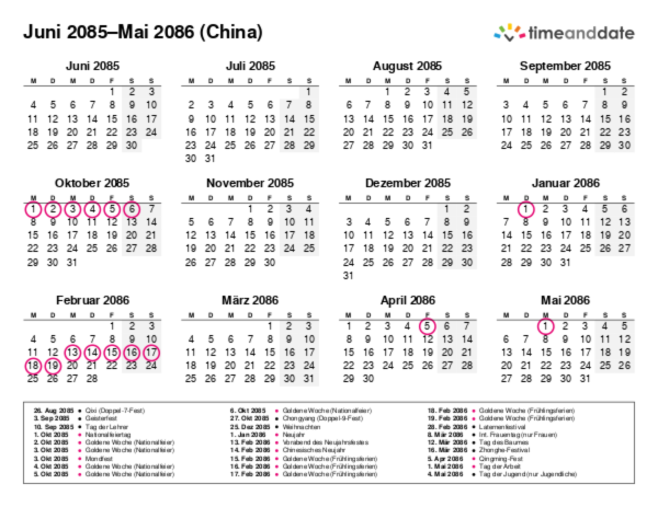 Kalender für 2085 in China