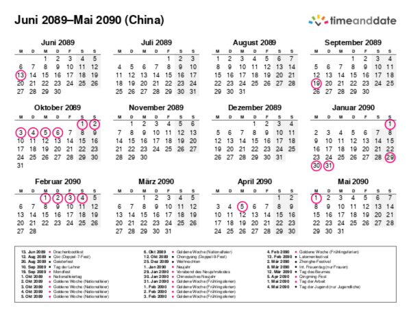 Kalender für 2089 in China