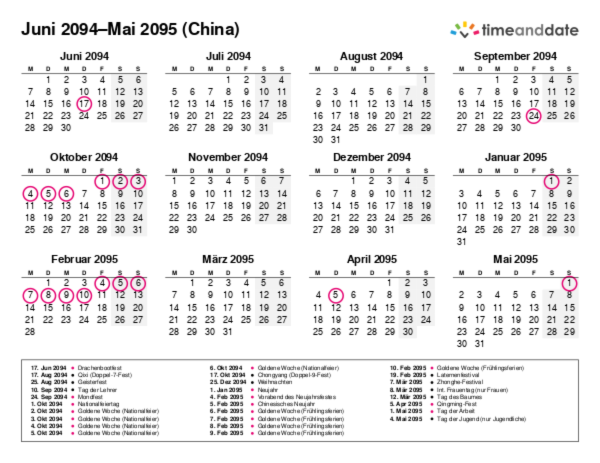 Kalender für 2094 in China