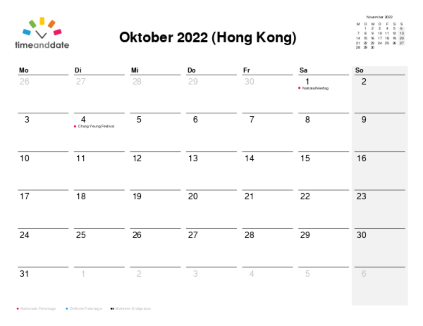 Kalender für 2022 in Hong Kong