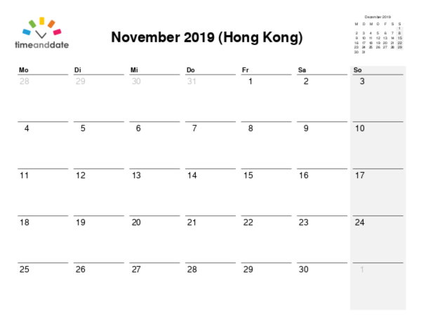 Kalender für 2019 in Hong Kong