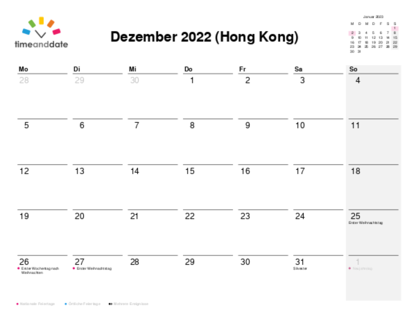 Kalender für 2022 in Hong Kong