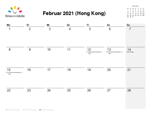 Kalender für 2021 in Hong Kong