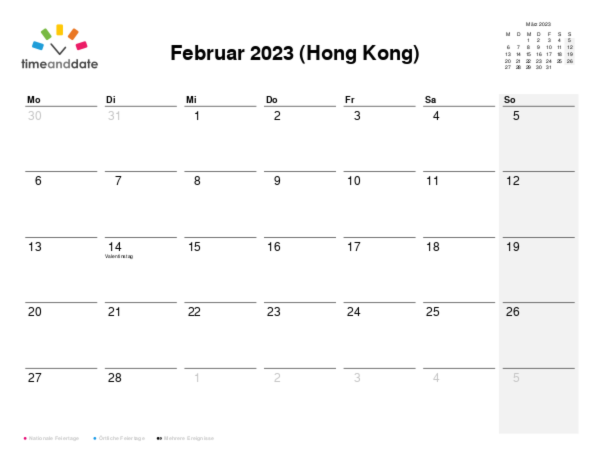 Kalender für 2023 in Hong Kong