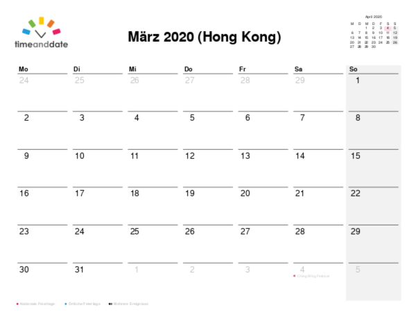 Kalender für 2020 in Hong Kong