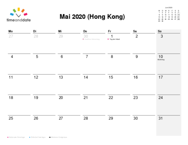 Kalender für 2020 in Hong Kong