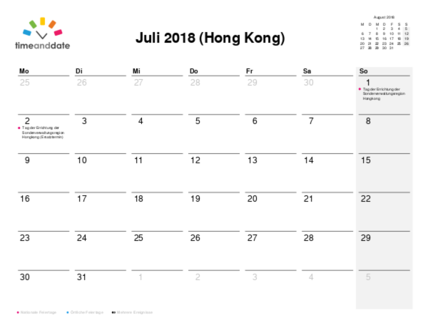 Kalender für 2018 in Hong Kong